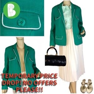 COLDWATER CREEK TEAL GREEN W/WHITE TRIM OPEN-FRONT BLAZER (14)